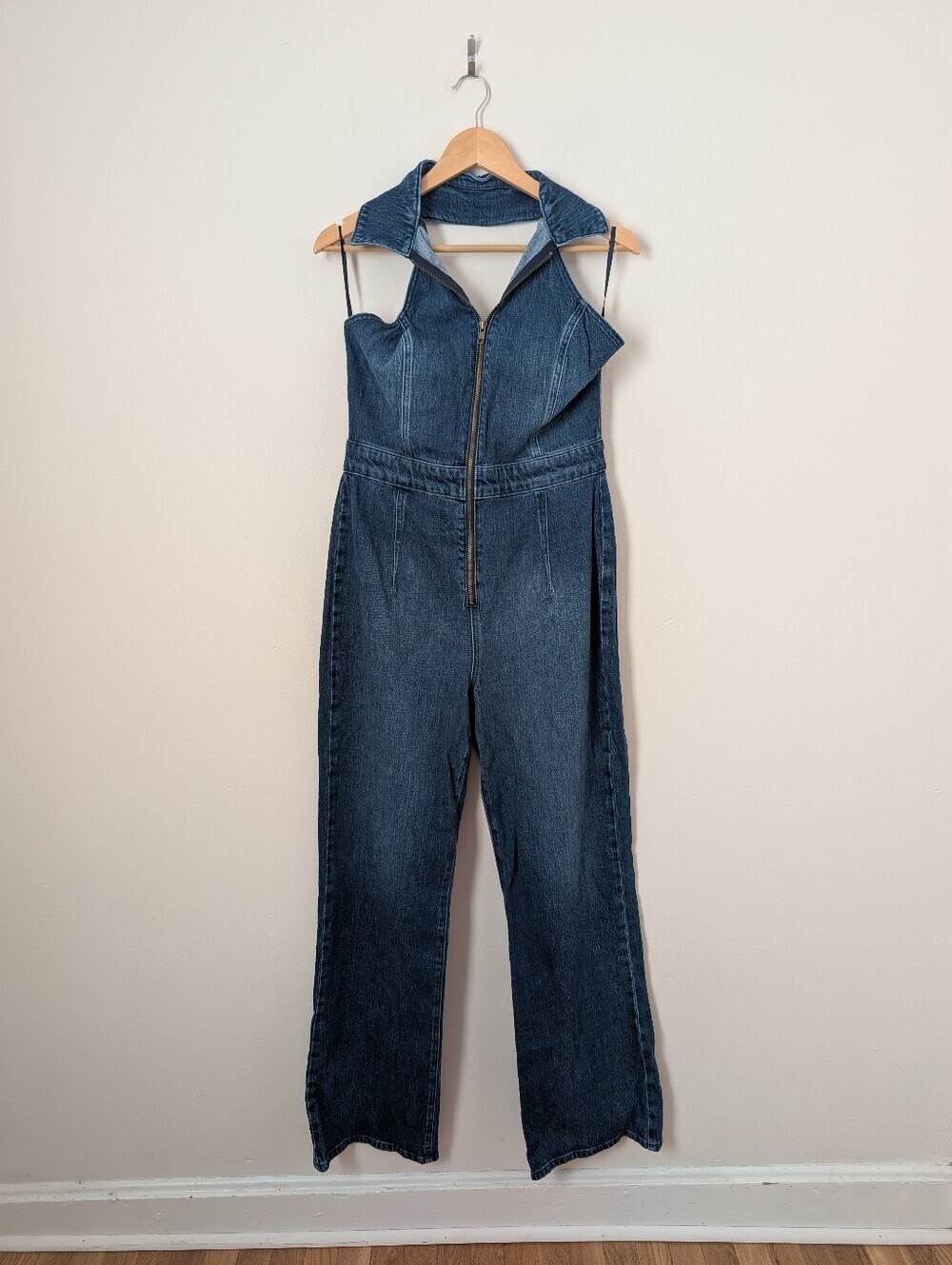 REISS Blue Denim Cotton Pennie Collared Halter Zip Front Flare Leg Jumpsuit - Picture 3 of 7